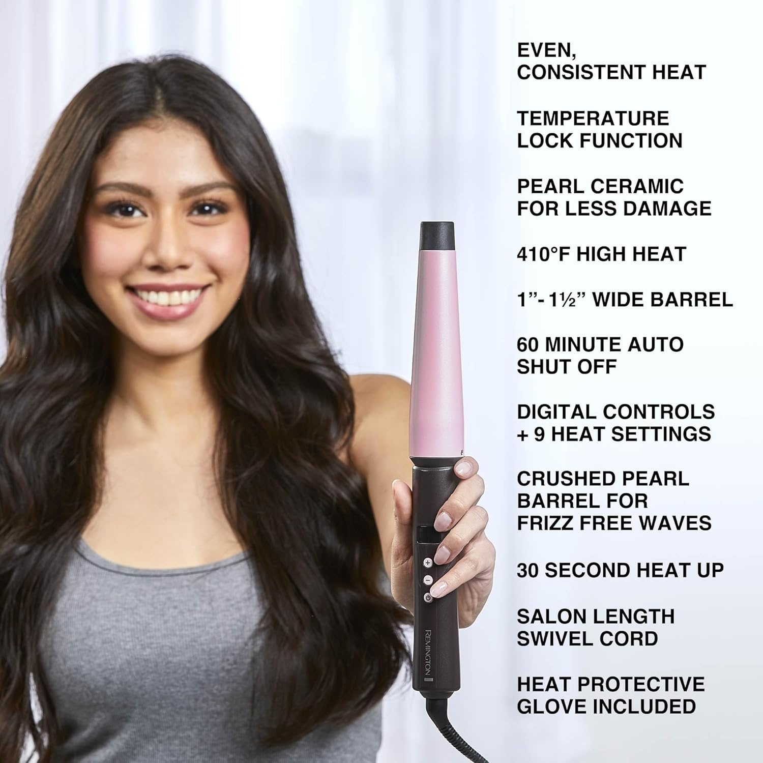 imageRemington CI9538 Pro 115 Pearl Ceramic Conical Curling Wand Digital Controls 10 Heat Settings BlackPink
