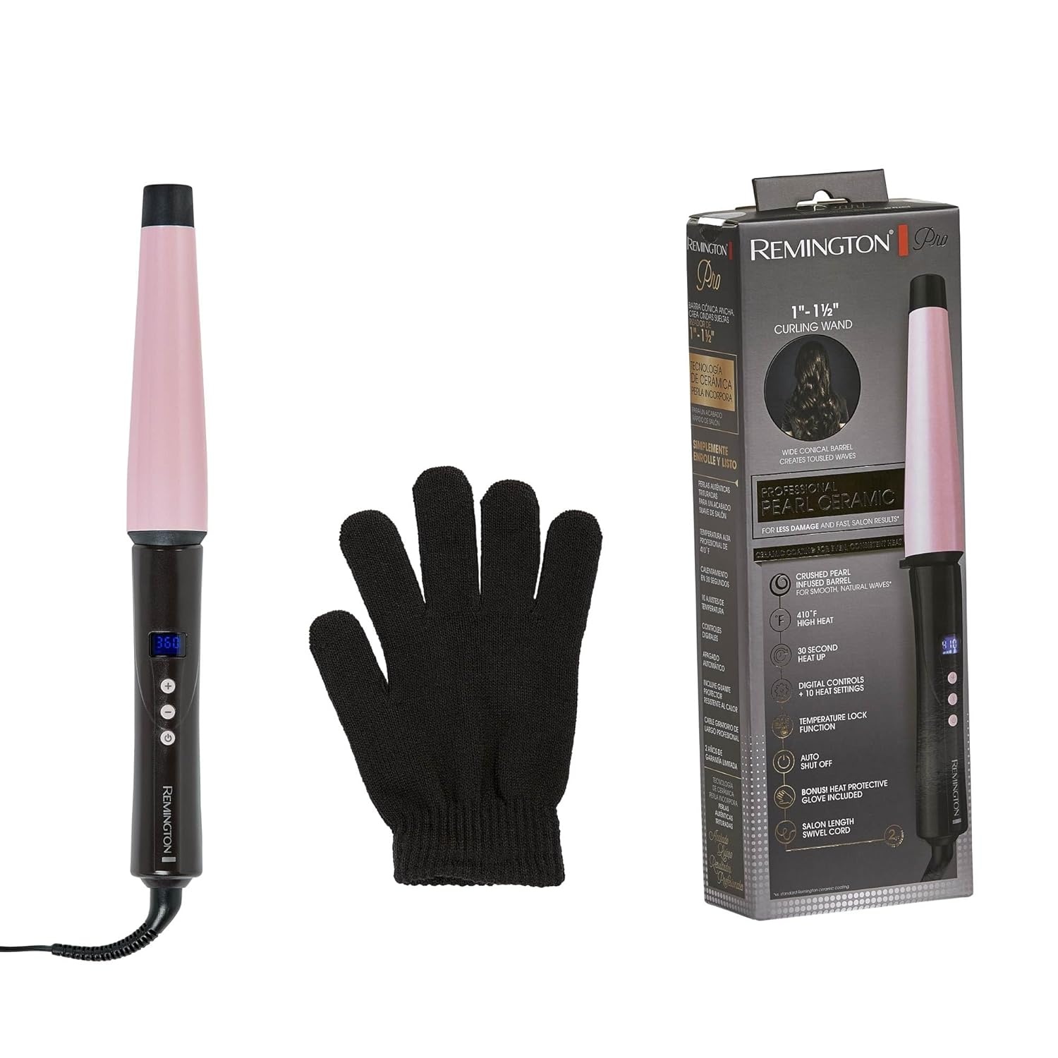 imageRemington CI9538 Pro 115 Pearl Ceramic Conical Curling Wand Digital Controls 10 Heat Settings BlackPink