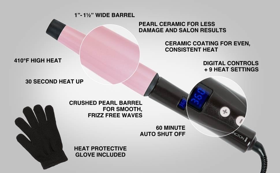 imageRemington CI9538 Pro 115 Pearl Ceramic Conical Curling Wand Digital Controls 10 Heat Settings BlackPink