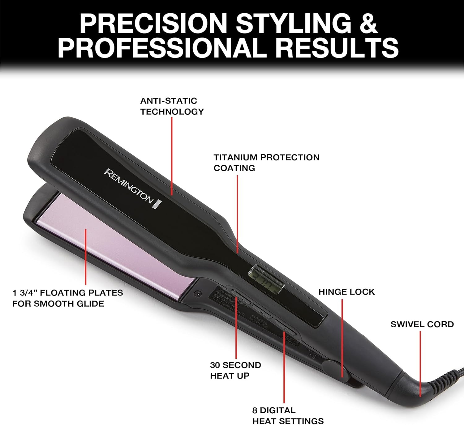 imageRemington 1 34 Flat Iron Hair Straightener with AntiStatic Technology 30Second Heat Up amp 60 Minute Auto Shutoff 30 Longer Ceramic Floating Plates Titanium Ceramic CoatingBlack