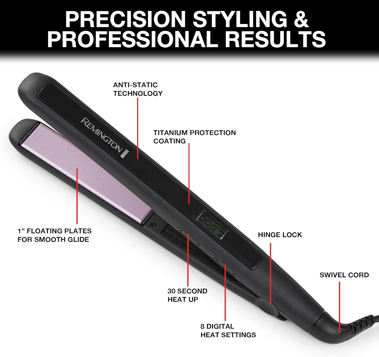 imageRemington 1 34 Flat Iron Hair Straightener with AntiStatic Technology 30Second Heat Up amp 60 Minute Auto Shutoff 30 Longer Ceramic Floating Plates Titanium Ceramic CoatingBlack