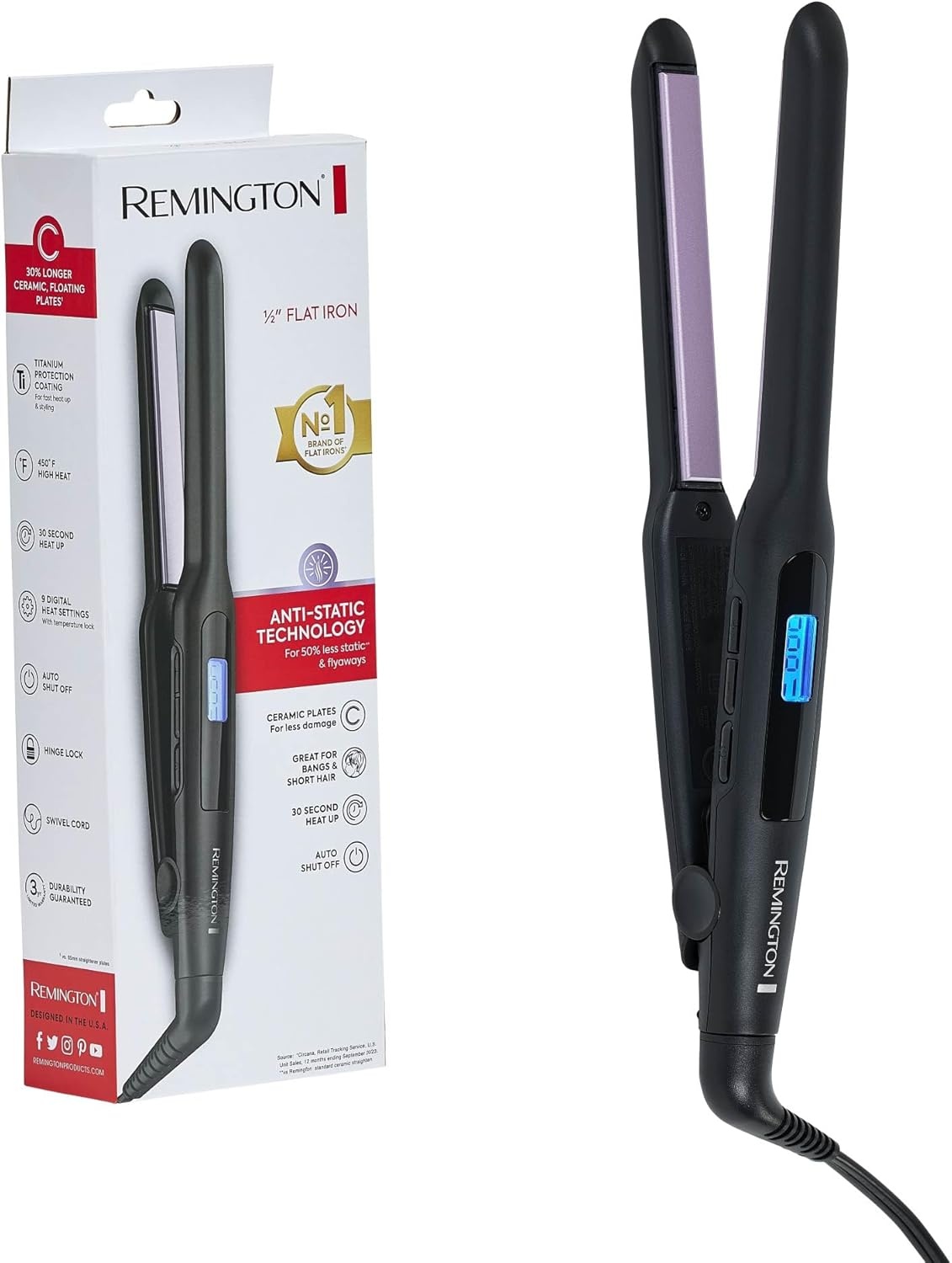 imageRemington 1 34 Flat Iron Hair Straightener with AntiStatic Technology 30Second Heat Up amp 60 Minute Auto Shutoff 30 Longer Ceramic Floating Plates Titanium Ceramic CoatingBlack