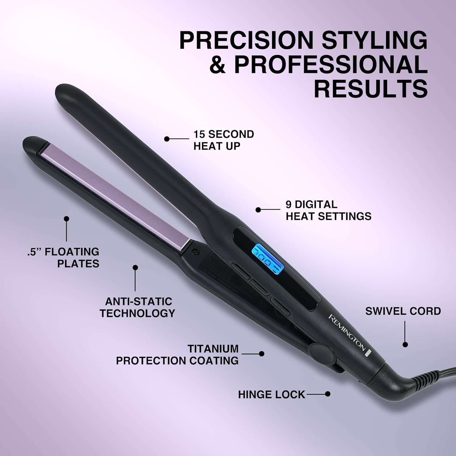 imageRemington 1 34 Flat Iron Hair Straightener with AntiStatic Technology 30Second Heat Up amp 60 Minute Auto Shutoff 30 Longer Ceramic Floating Plates Titanium Ceramic CoatingBlack