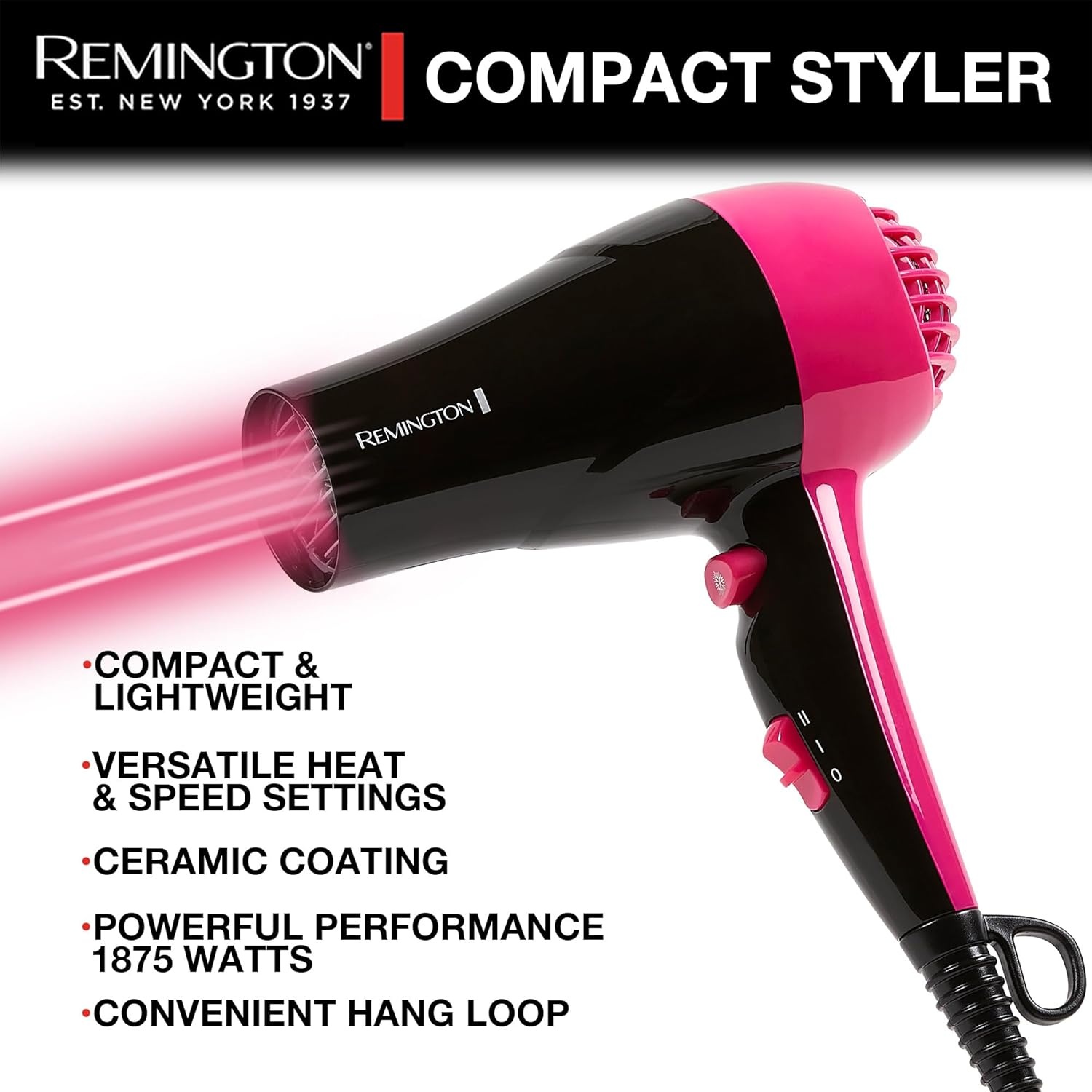 imageRemington Compact Styler Small amp Portable Hair Dryer Ceramic Blow Dryer with 2 HeatSpeed Settings amp Cool Shot Button for Smooth Finish Travel Size Lightweight Handheld Dryer 1875W1 Count Pack of 2