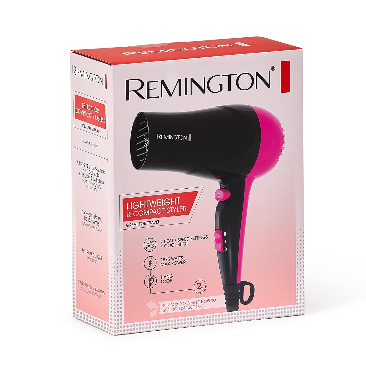 imageRemington Compact Styler Small amp Portable Hair Dryer Ceramic Blow Dryer with 2 HeatSpeed Settings amp Cool Shot Button for Smooth Finish Travel Size Lightweight Handheld Dryer 1875W1 Count Pack of 2