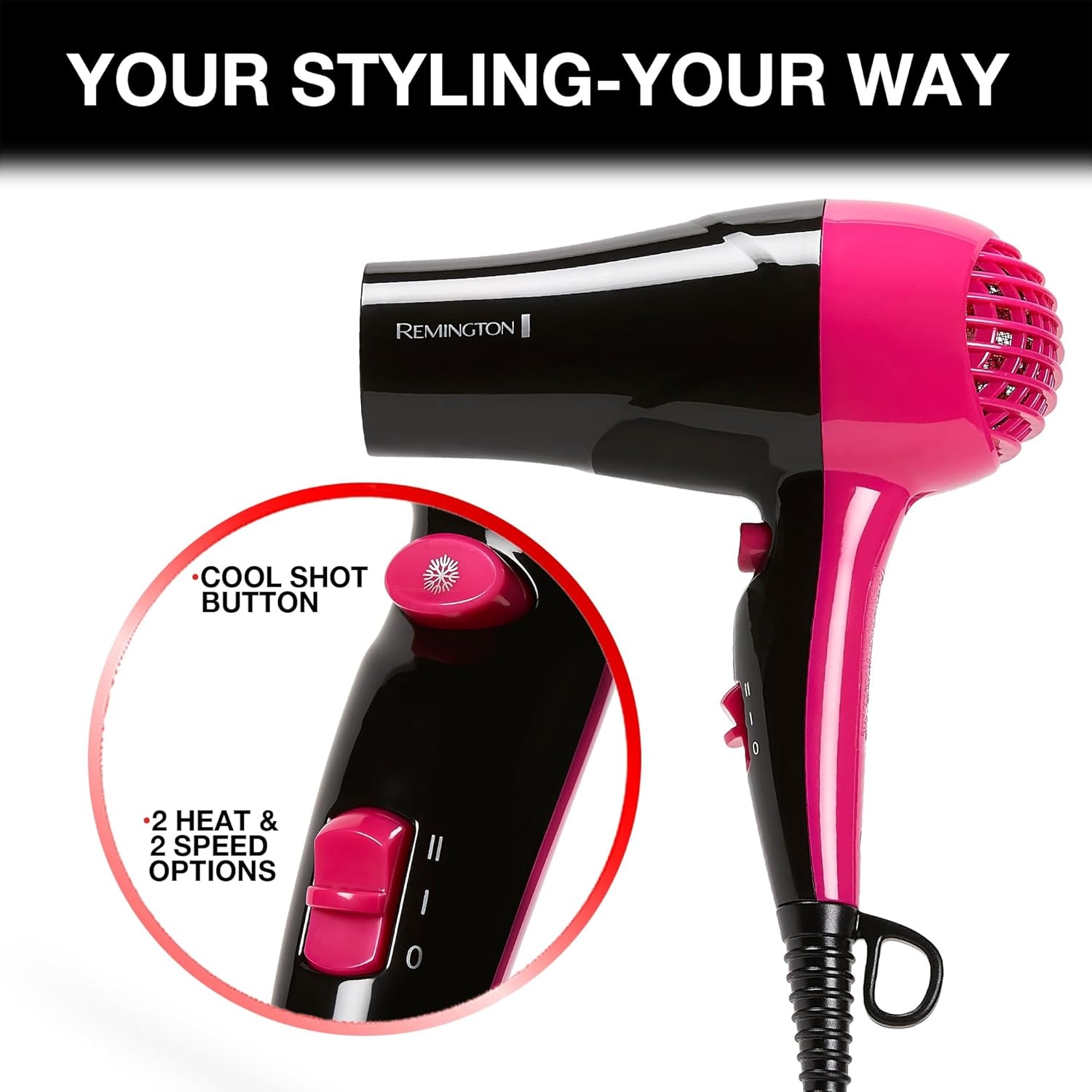 imageRemington Compact Styler Small amp Portable Hair Dryer Ceramic Blow Dryer with 2 HeatSpeed Settings amp Cool Shot Button for Smooth Finish Travel Size Lightweight Handheld Dryer 1875W1 Count Pack of 2
