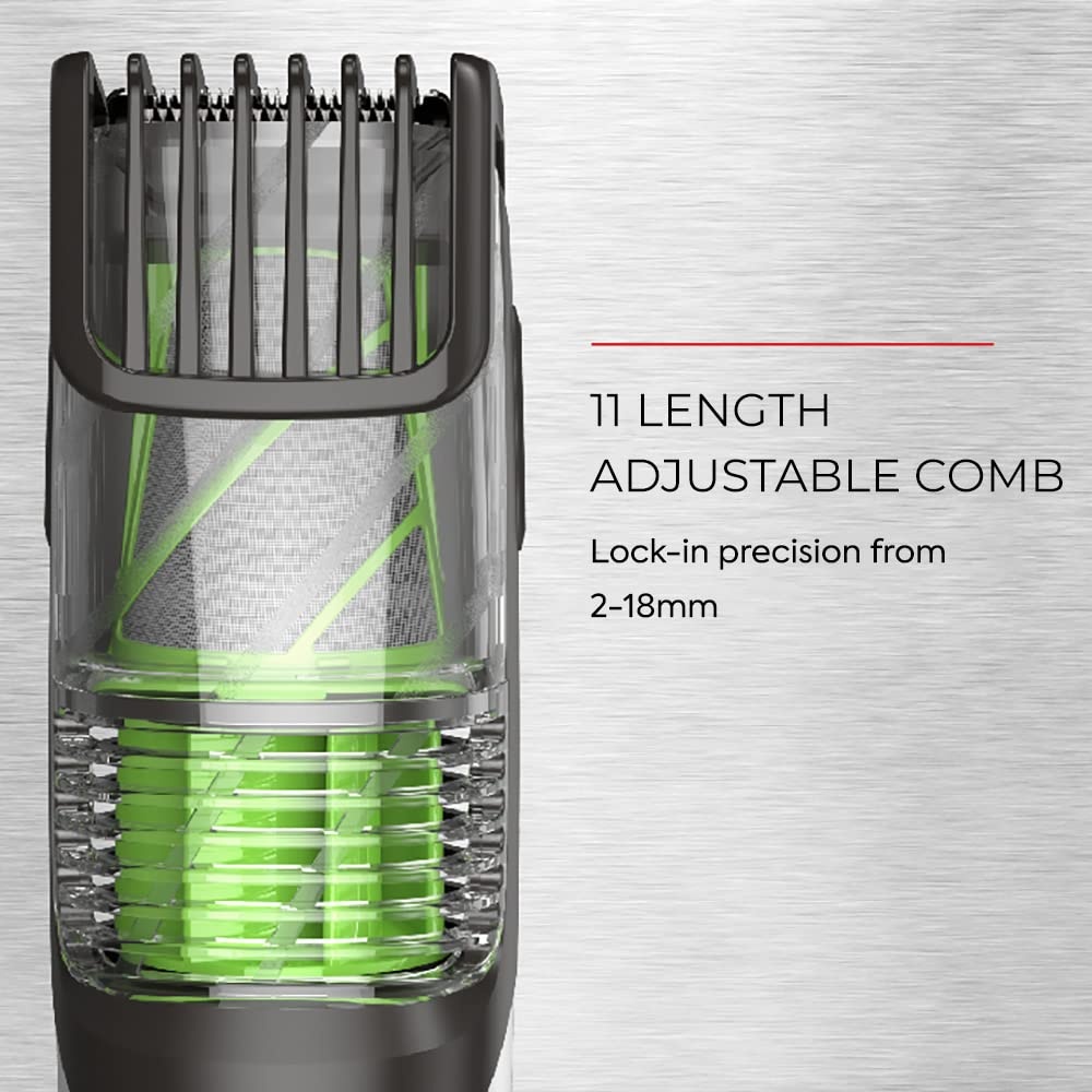 imageRemington Vacuum Beard Trimmer13 Length and Style Settings with Adjustable Length Comb 218mmVacuum Trimmer for Beard Mustache and Stubble Rechargeable Lithium Power Washable Removable BladesBlackGreen